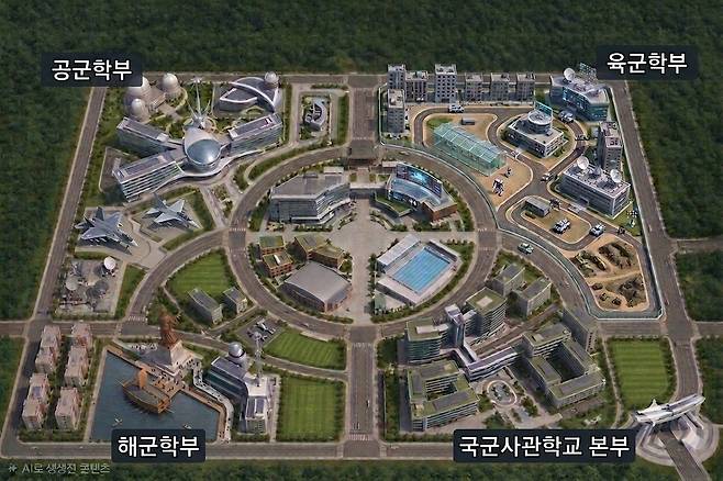 국방부는 안규백 국방부 장관이 16일 미래 안보환경 변화에 대응해 장교 양성체계를 혁신하기 위한 '국군사관학교 창설 기본계획'을 발표했다고 밝혔다. 사진은 국군사관학교 예상 조감도. 사진 국방부